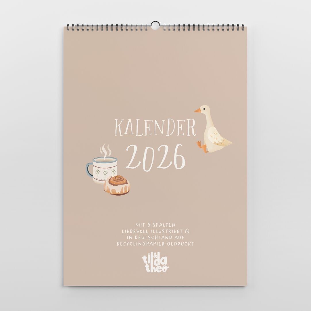 Familienkalender 2026 A3 Tilda&Theo - gemütliche Motive illustrierter Kalender mit 5 Spalten