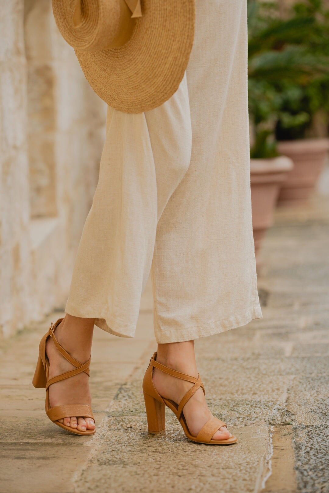 Sandalia de piel hecha a mano (9 cm) - Harriet - Caramelo 35-42