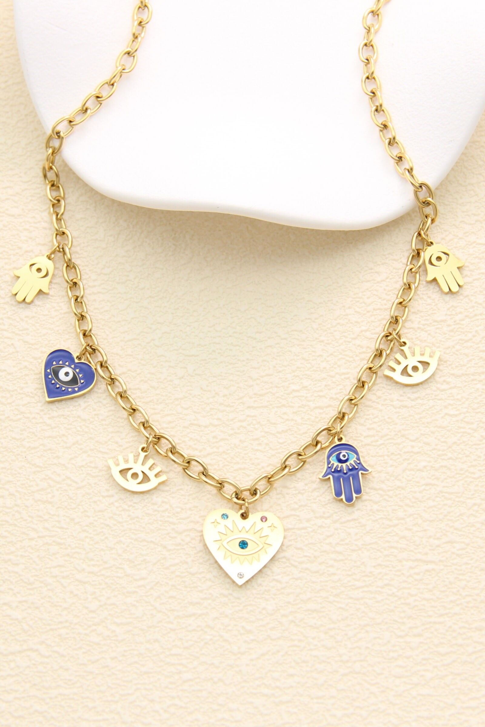 Collier Œil Protecteur & Main de Fatma – Acier Inoxydable Doré