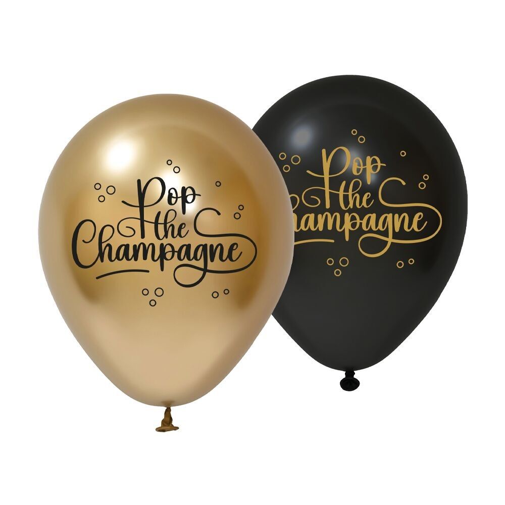 8 ballons en latex 12'' 1 face - Pop The Champagne - noir