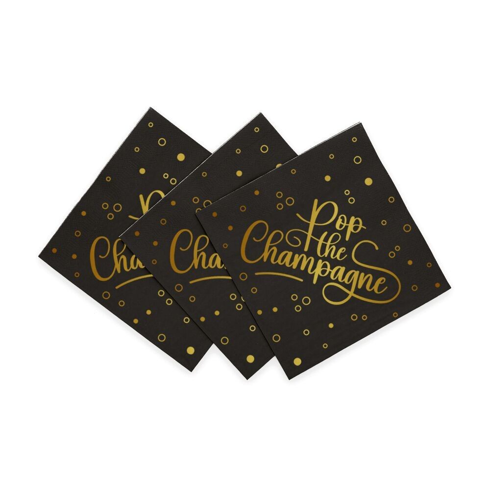 20 Serviettes en papier 3 plis 33x33cm - Pop the Champagne - noir