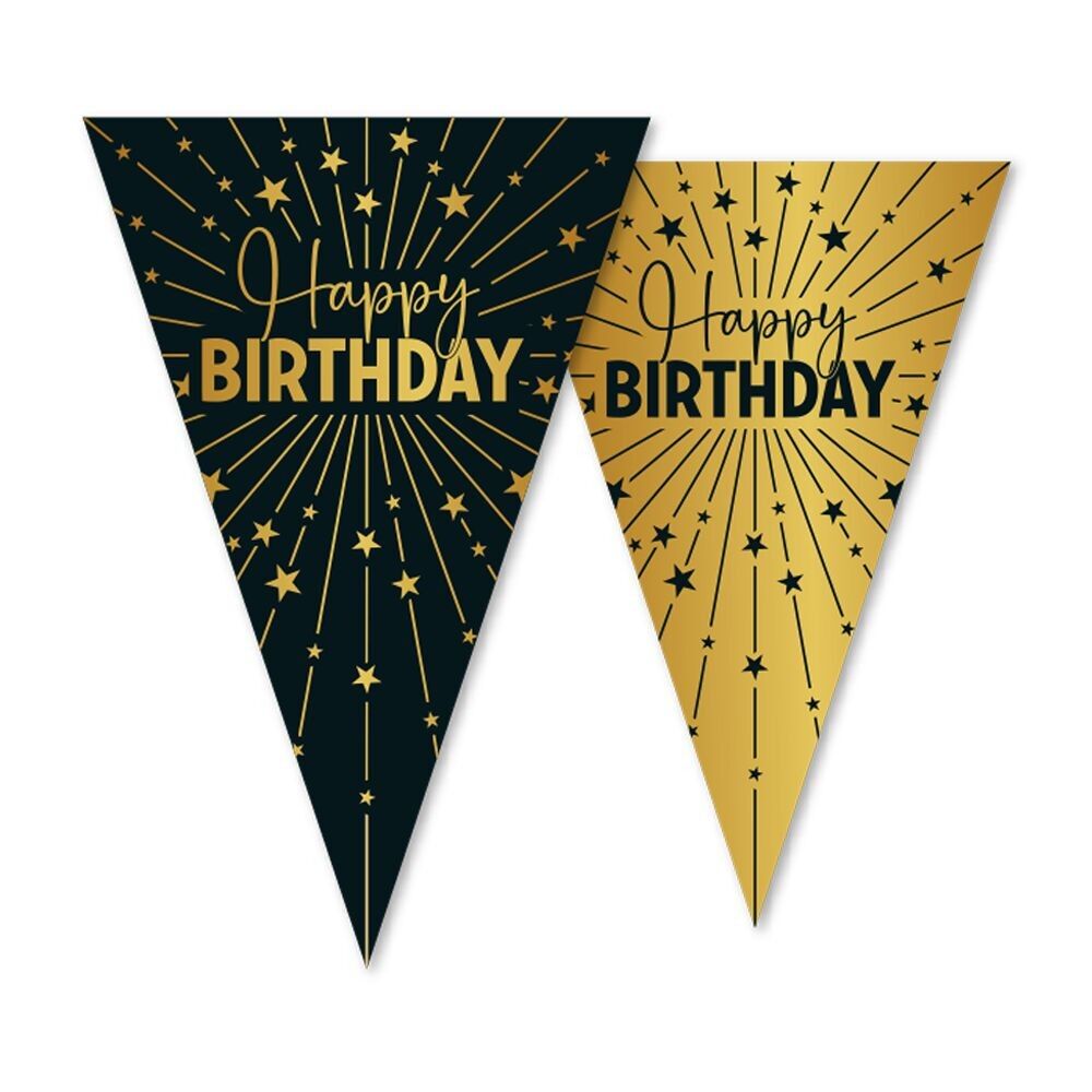 Wimpelkette PET 10m - 2-seitiger Druck - Flaggengröße 20x30cm - Happy Birthday Golden Celebrations