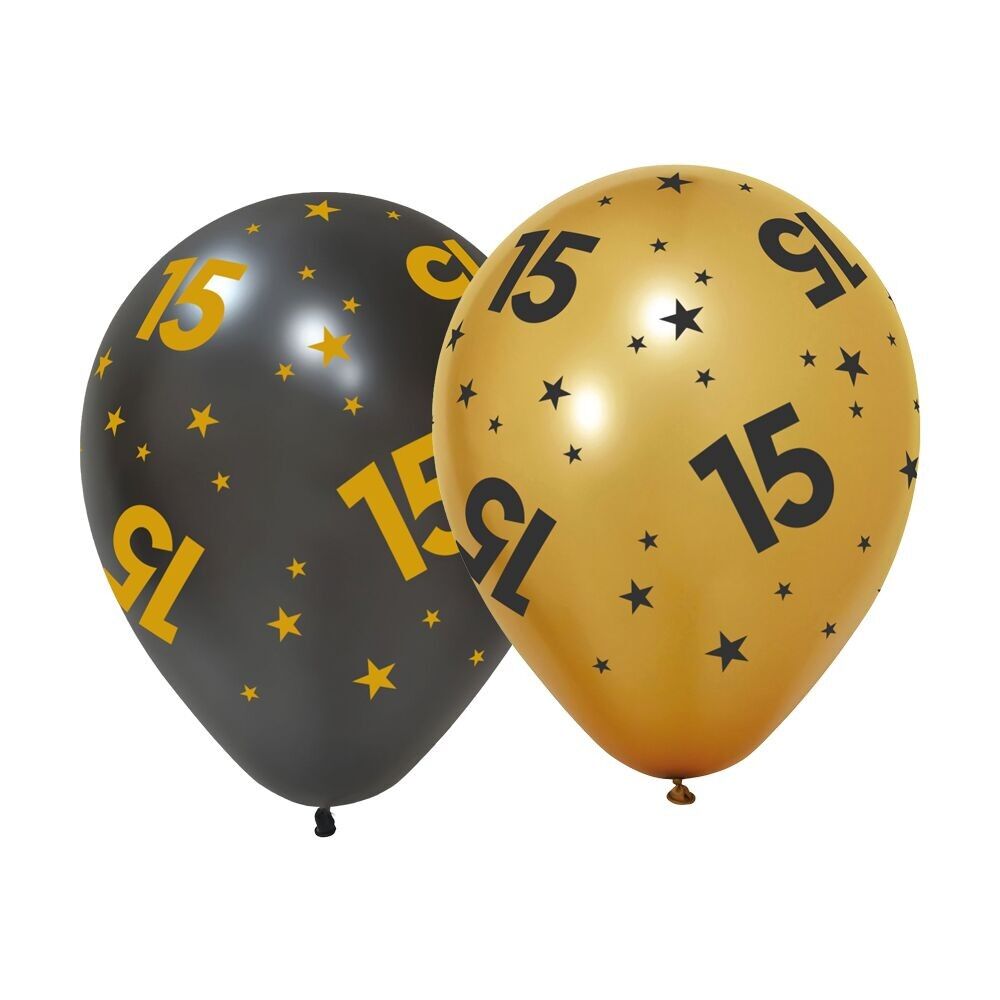 6 Ballons 12'' 3 Meter.gold /3 schwarz '15' Golden Celebrations