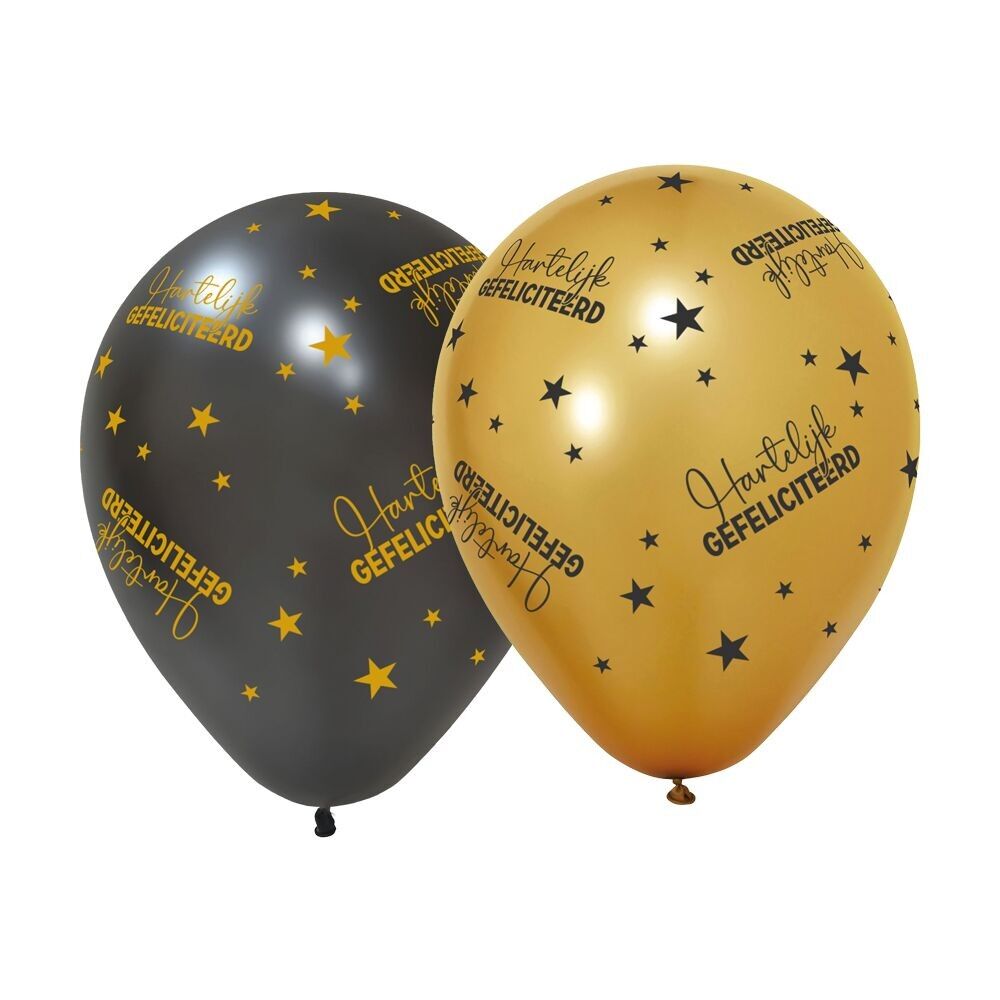 6 Ballons 12'' 3 Meter.Gold /3 Schwarz - Hartelijk Gefeliciteerd Golden Celebrations