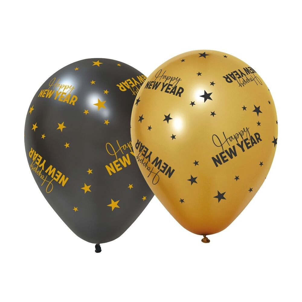 6 Ballons 12'' 3 Meter.Gold / 3 Schwarz - Frohes neues Jahr, goldene Feierlichkeiten