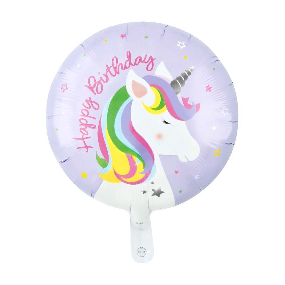 Ballon aluminium rond 18" - « Joyeux anniversaire » Licorne