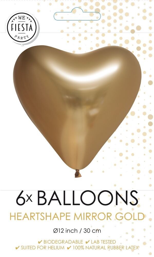 6 herzförmige Spiegelballons 12" Gold