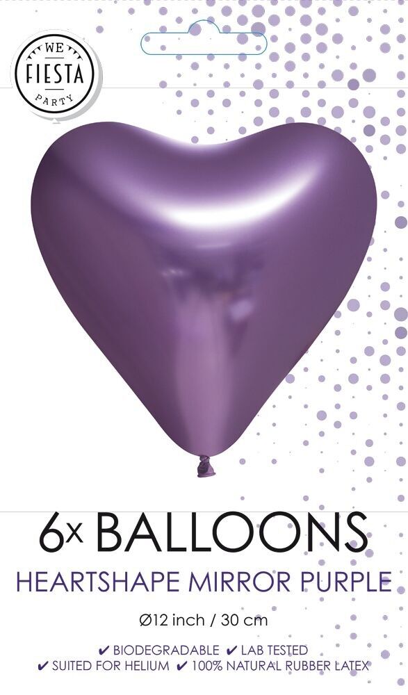6 Spiegelballons in Herzform, 30,5 cm, lila