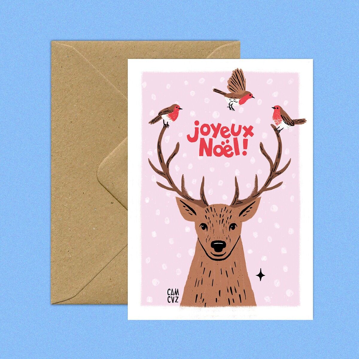 Renne et rouge-gorge  | carte de vœux de Noël, animaux de la forêt, neige