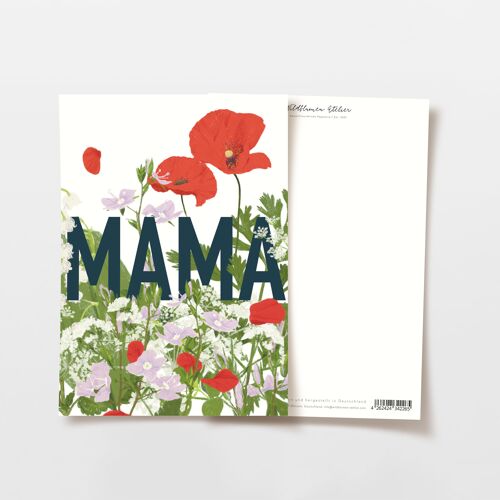 Postkarte MAMA mit roten und hell-lila Wildblumen