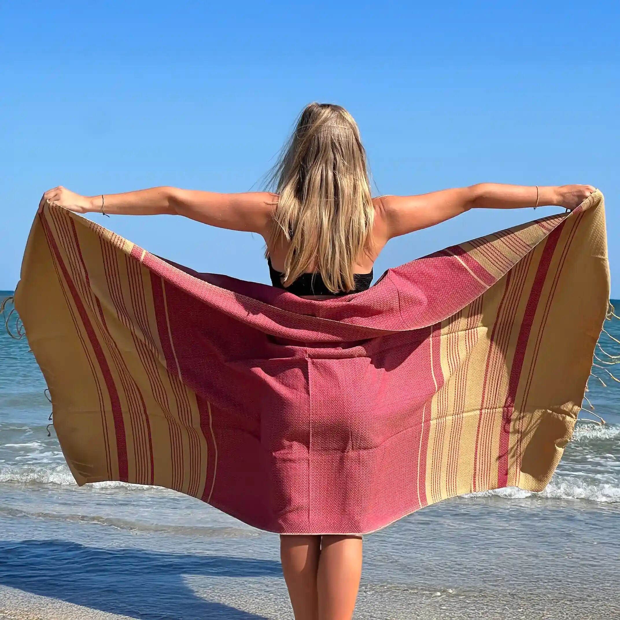 Toalla fouta de algodón orgánico - Arena y ocre rojo - 100x200 cm - Colección Arena