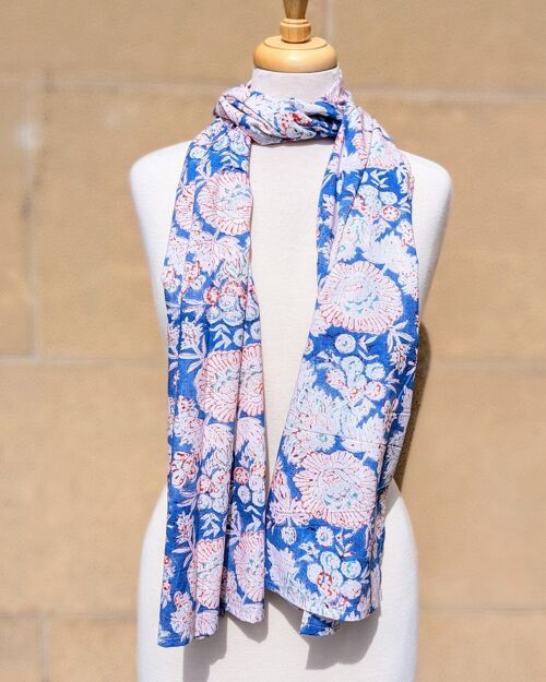 Blue & Orange Sketch Floral Block Print Scarf