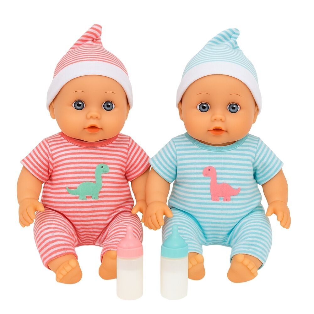 Twin Baby Doll Set, Boy and Girl, 23 cm, with Striped Pajamas and Bottles, Toy for Ages 3 and Up