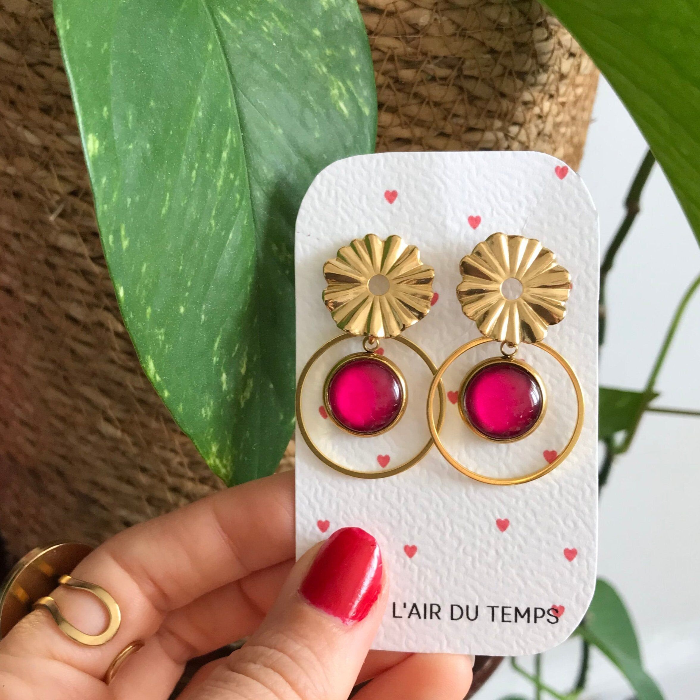 Boucles d'oreilles bohème rose fuchsia, finition dorée ou argentée