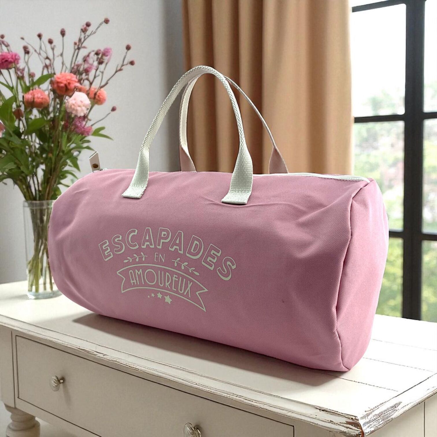 Sac polochon, "Escapades en amoureux" Brooklyn rose poudré