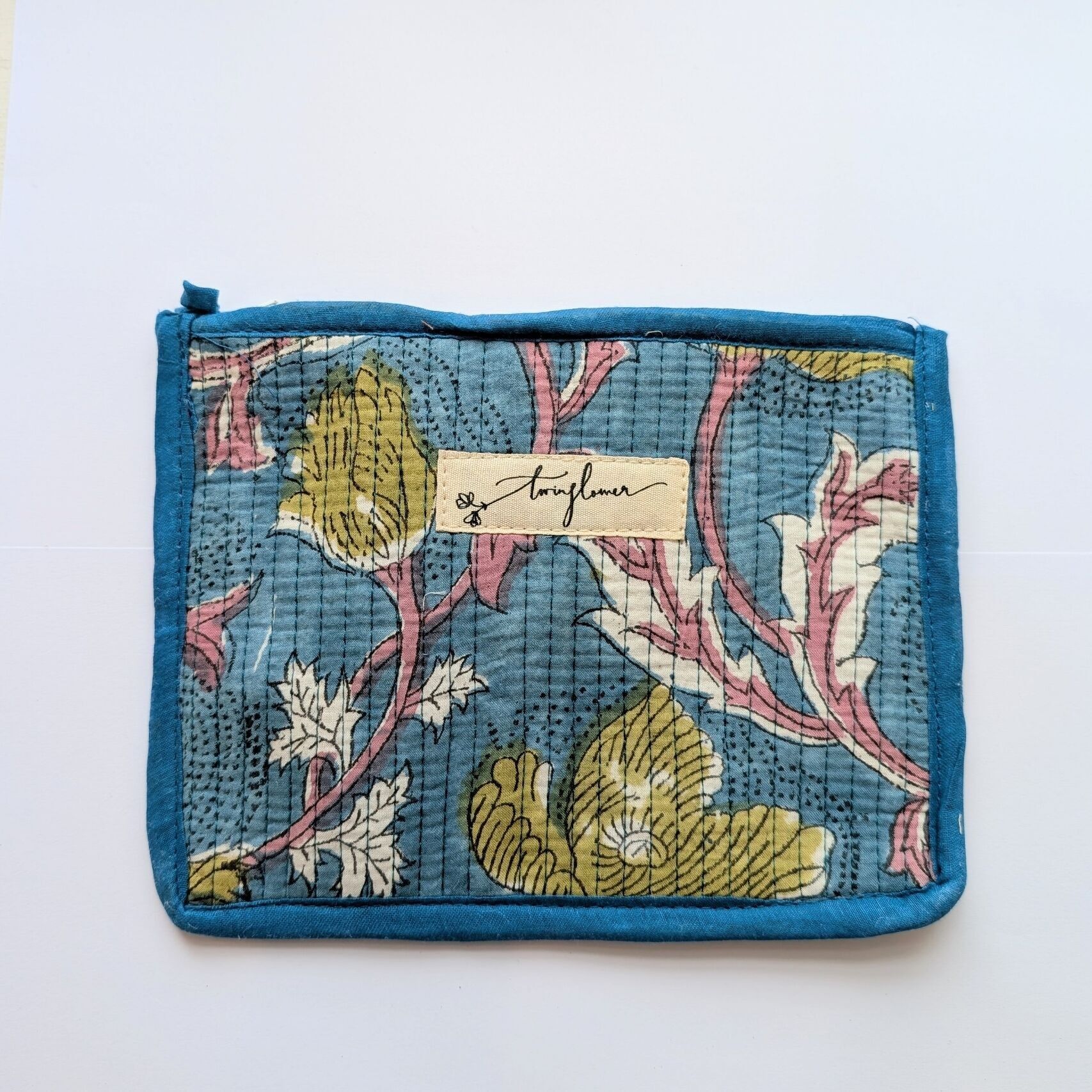 Sac à main matelassé de taille moyenne à imprimé floral bleu et vert