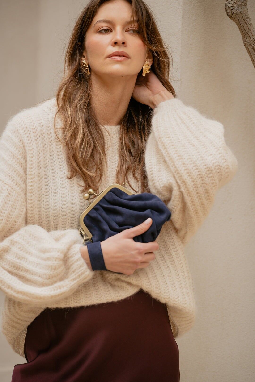 Borsa retrò in pelle scamosciata con chiusura a bacio - Emma - Blu navy