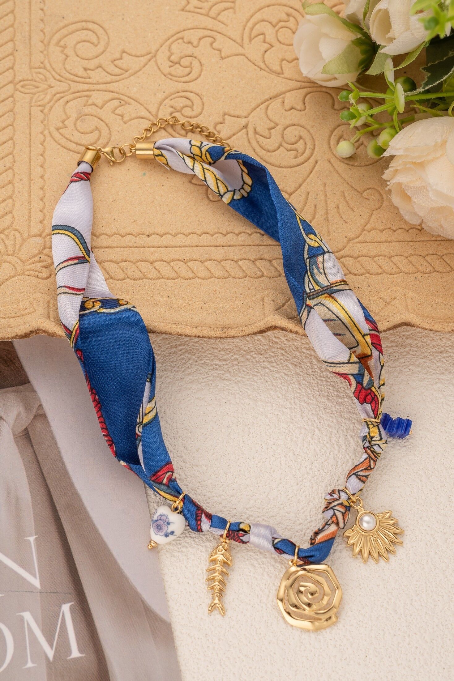 Bohemian Charm Schal Halskette mit Spirale, Fisch, Herz,