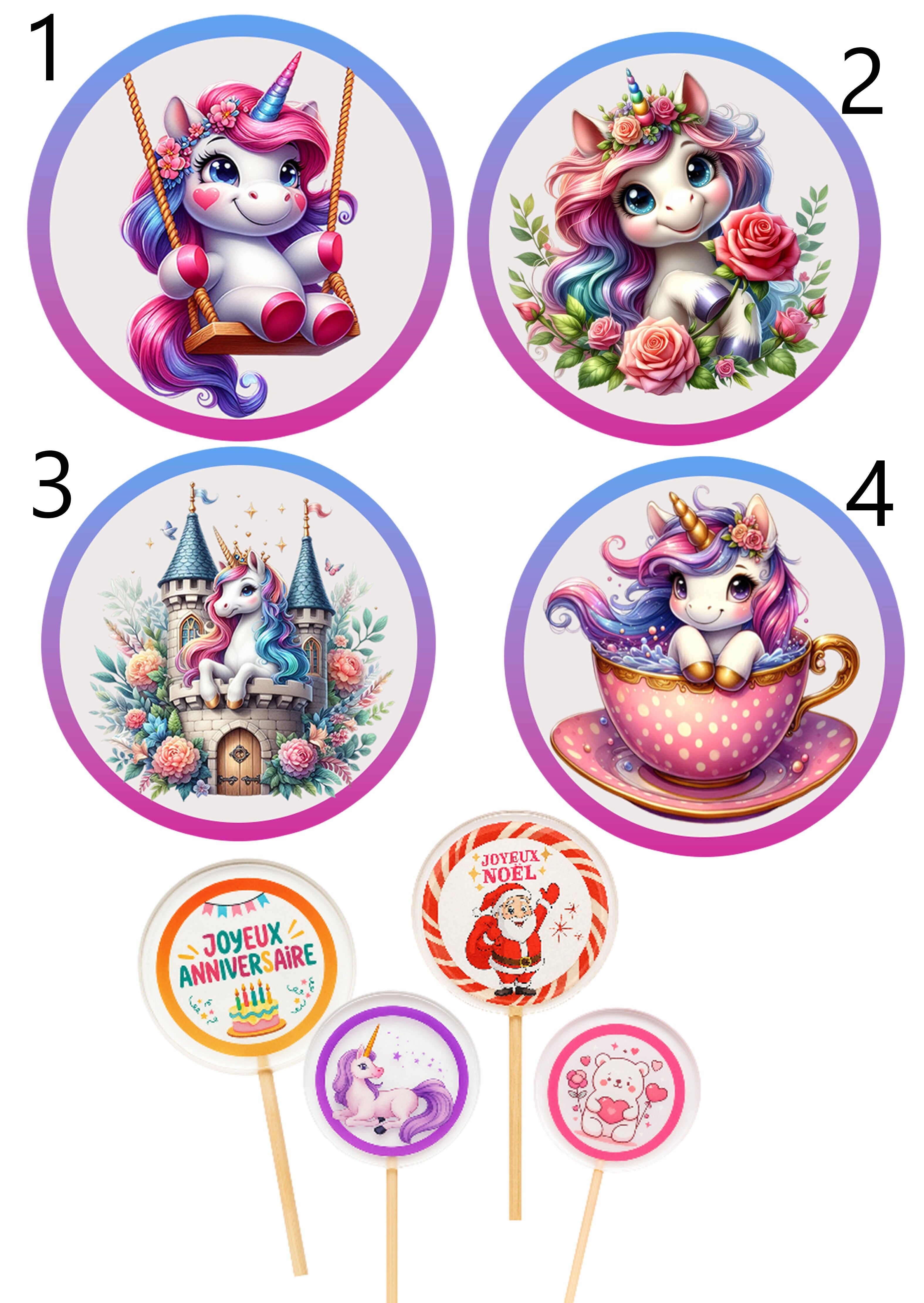 SUCETTES DÉCORÉES À THÈME - LICORNE 2- Allégées  en sucre -  Image comestible dans la sucette