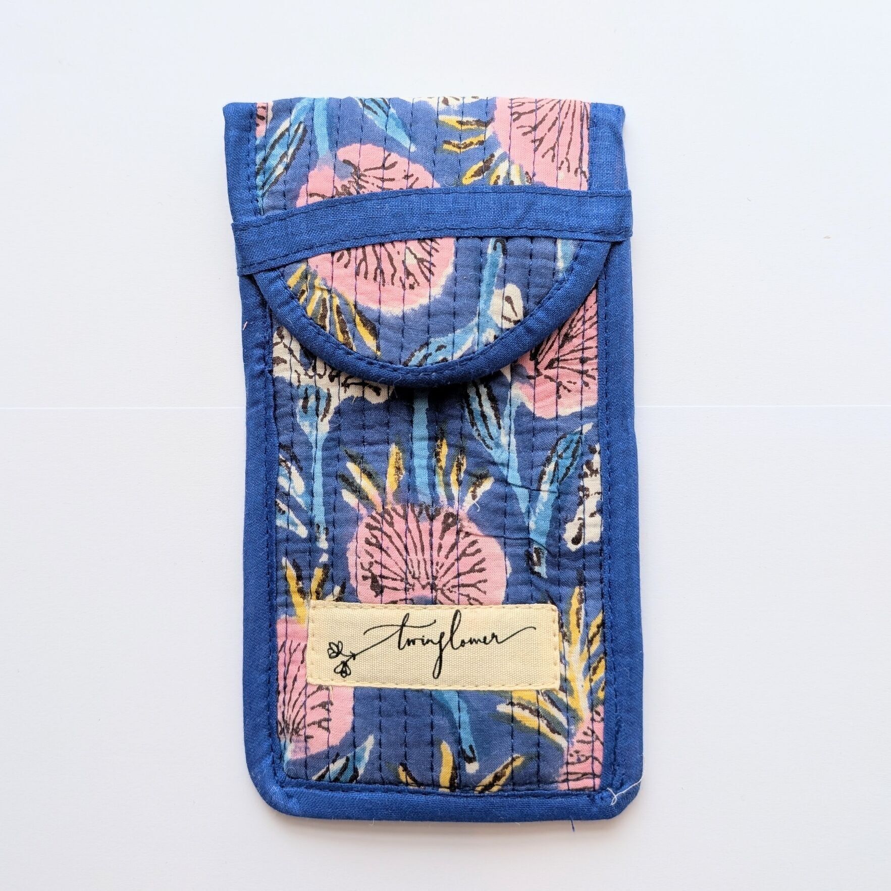 Étui à lunettes matelassé à imprimé floral bleu et rose