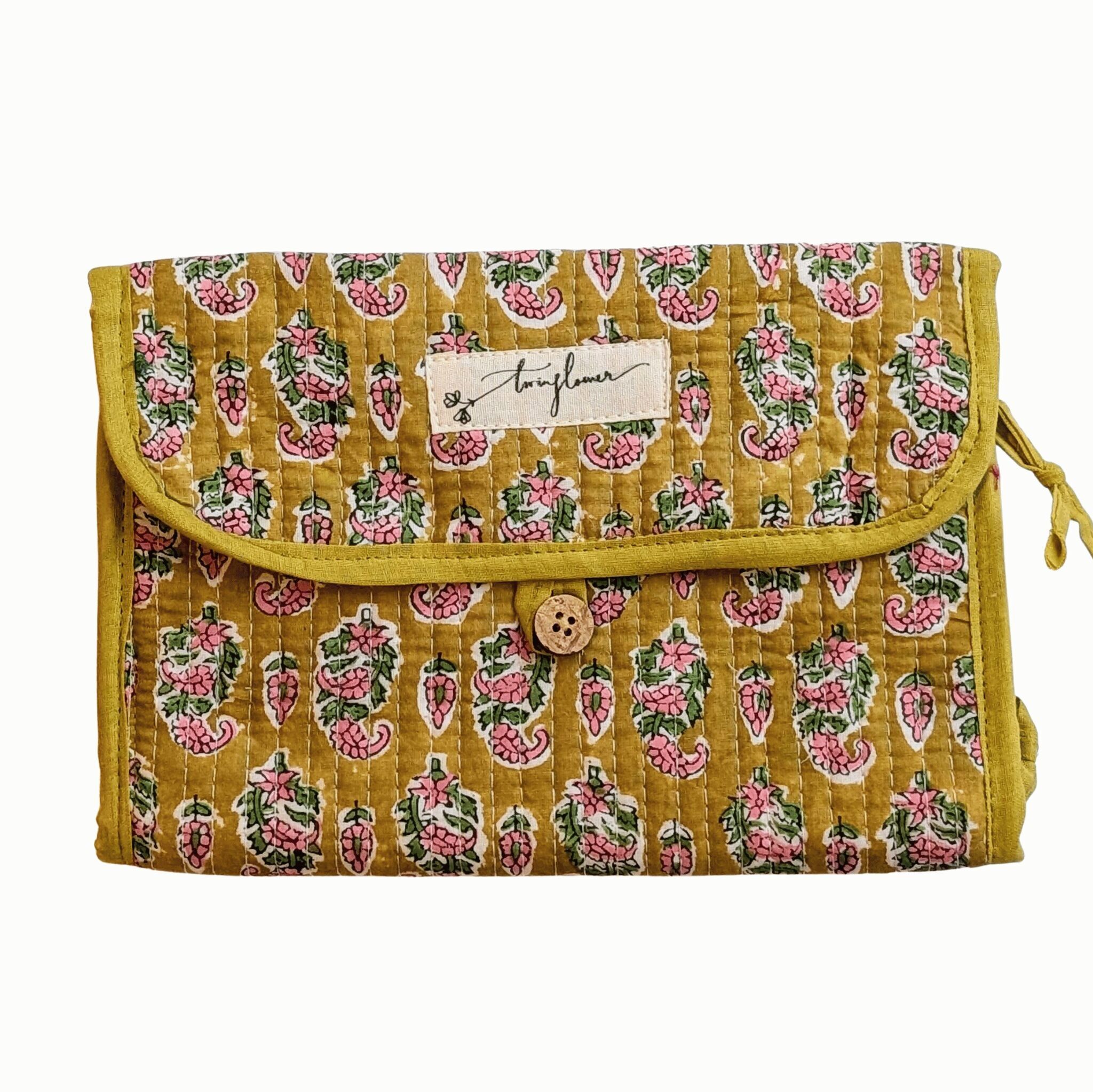 Yellow & Pink Flower Block Print Quilted 3 Fold Travel Bag
