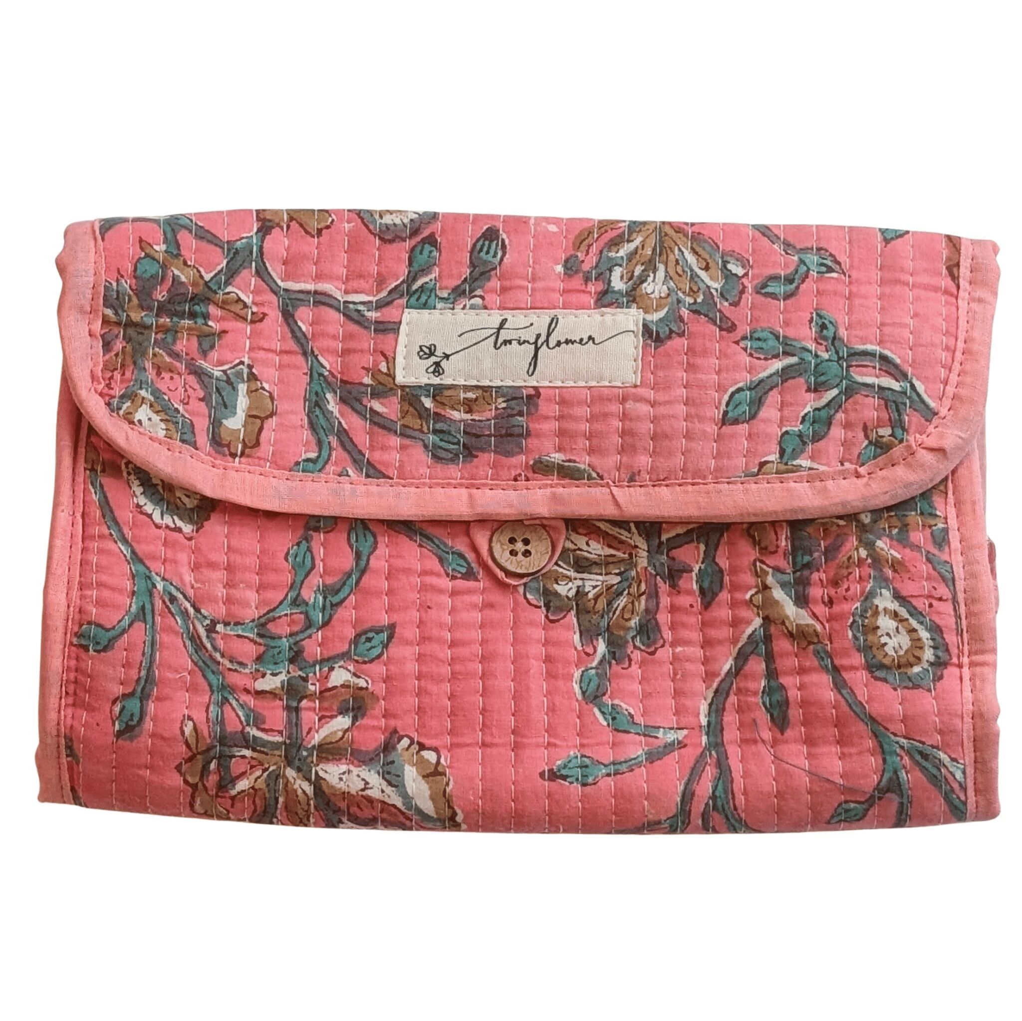 Pink Floral Block Print Quilted 3 Fold Travel Bag
