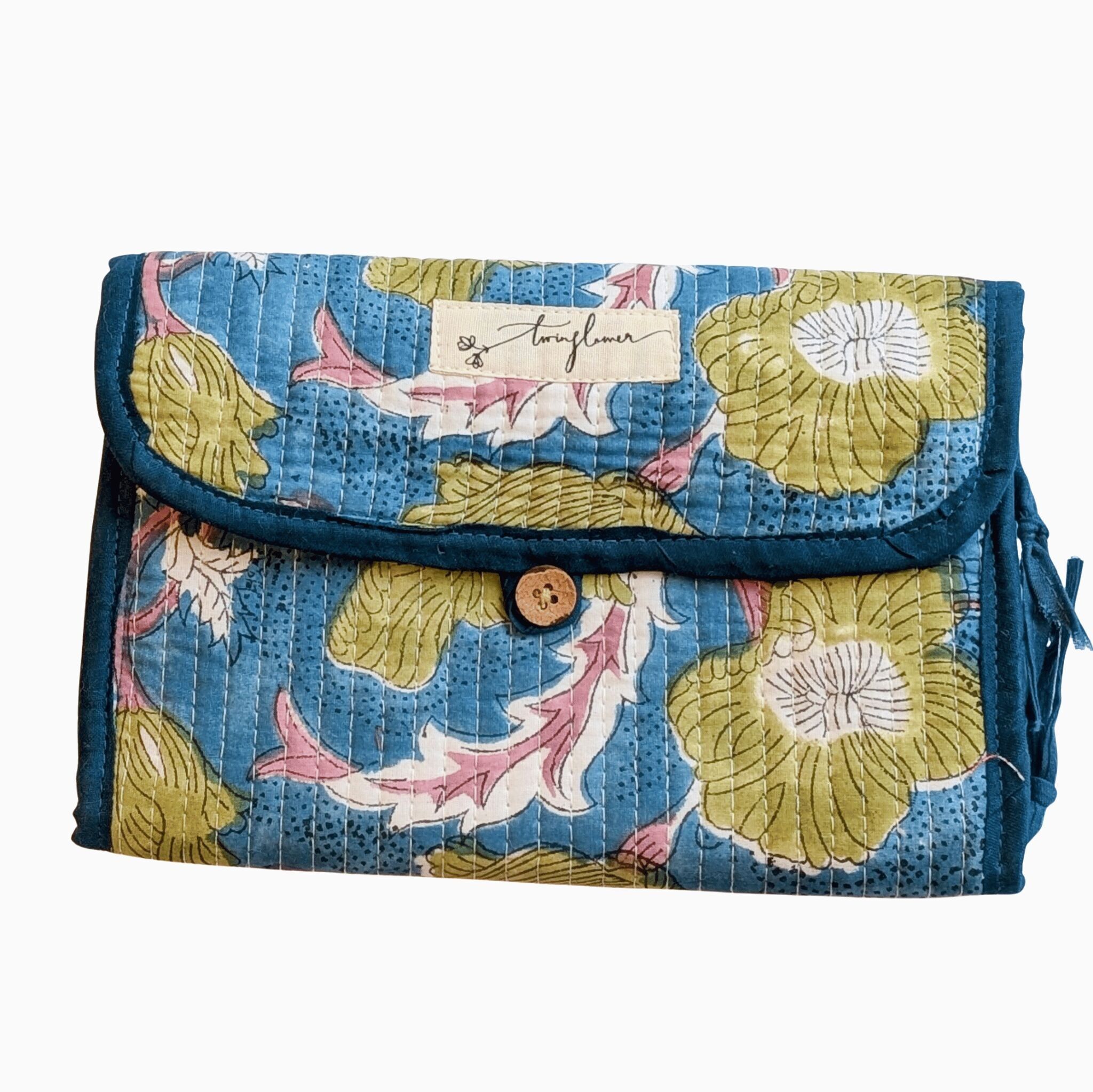 Blue & Green Floral Block Print Quilted 3 Fold Travel Bag