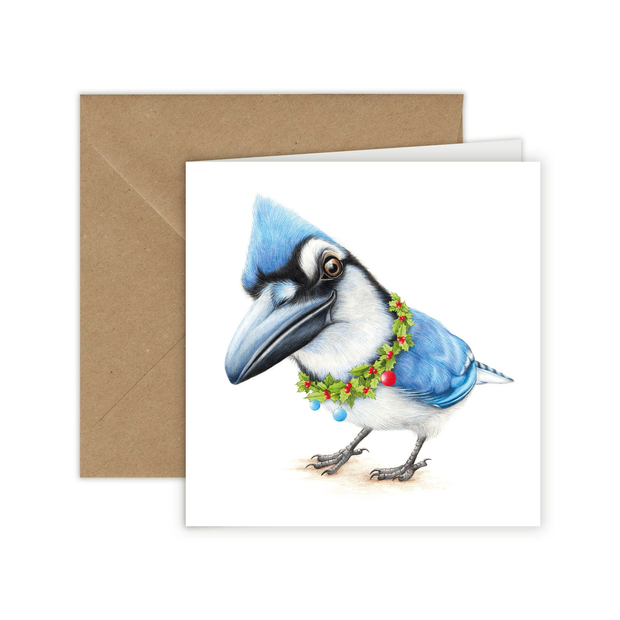 Biglietto di auguri di Natale, biglietto di auguri con uccelli, biglietti divertenti, biglietto con animali, ghiandaia azzurra