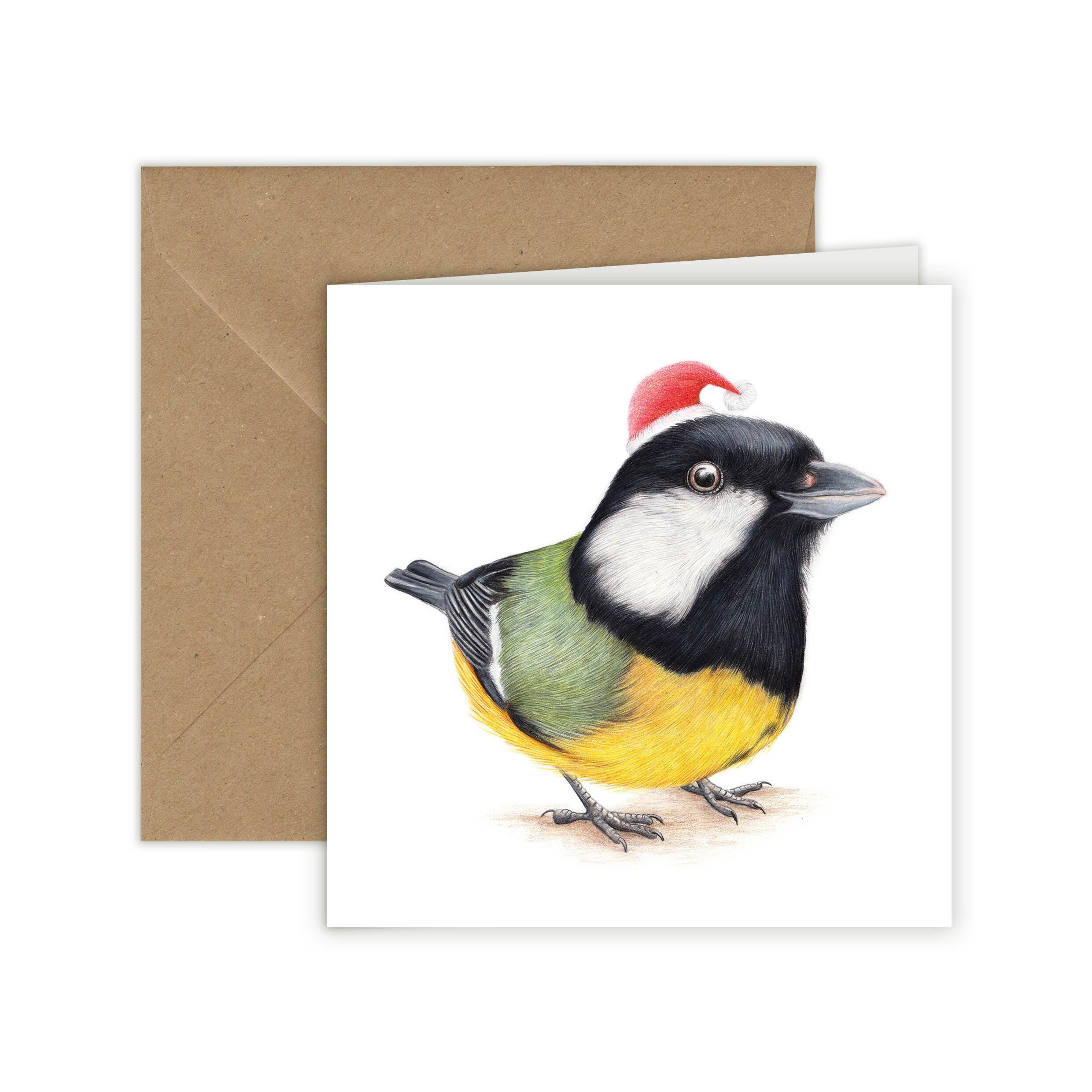 Biglietto di Natale, biglietto di auguri con uccelli, biglietti divertenti, biglietto con animali, cinciallegra