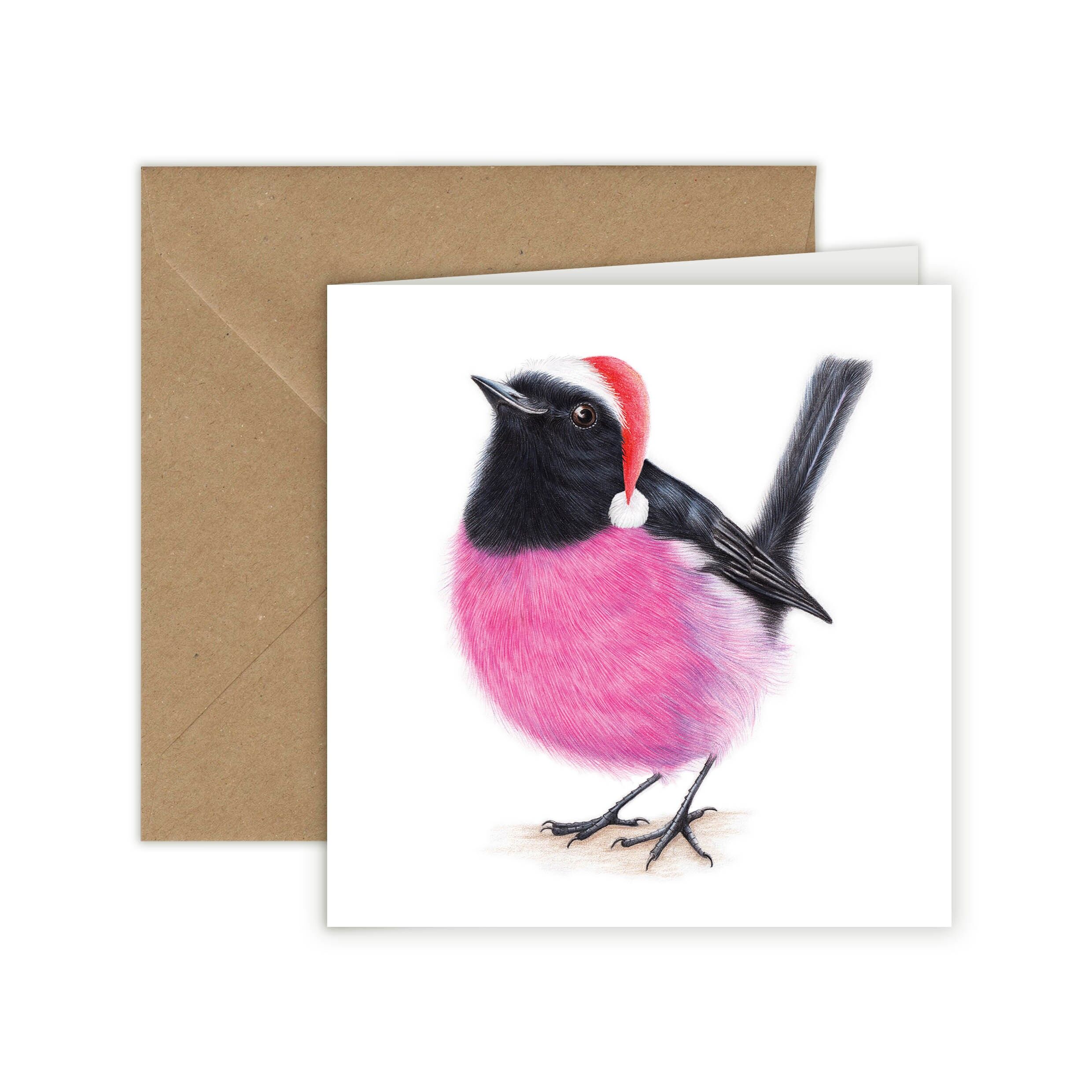 Biglietto di Natale, biglietto di auguri con uccelli, biglietti divertenti, biglietto con animali, pettirosso rosa