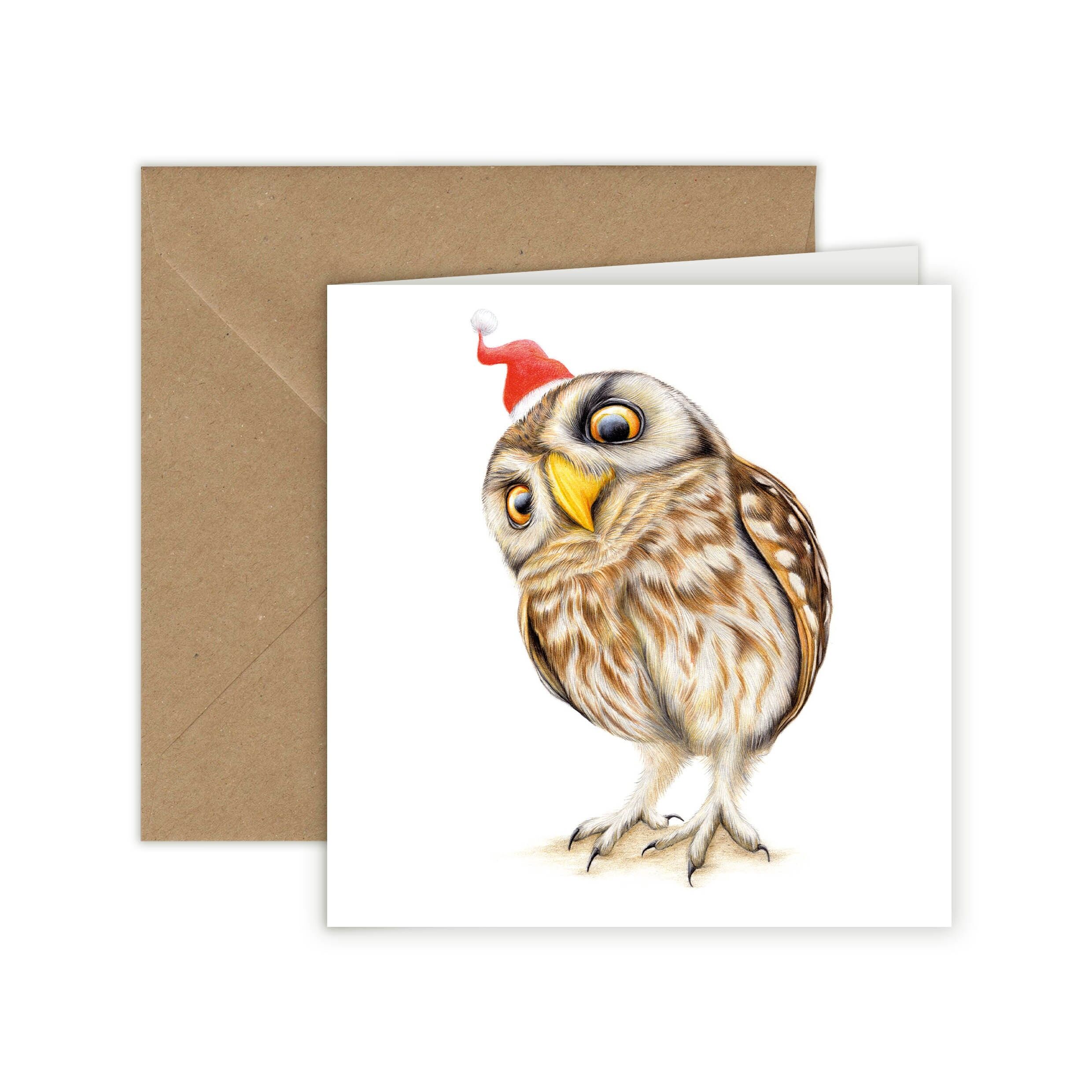 Biglietto di Natale, Biglietto di auguri con uccelli, Biglietti divertenti, Biglietto con animali, Gufo