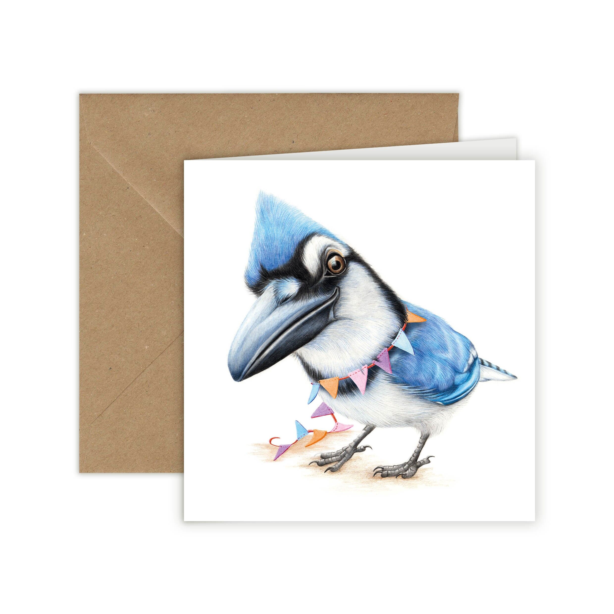 Biglietto di auguri di compleanno, biglietto di auguri con uccelli, biglietti divertenti, biglietto con animali, invito, ghiandaia azzurra