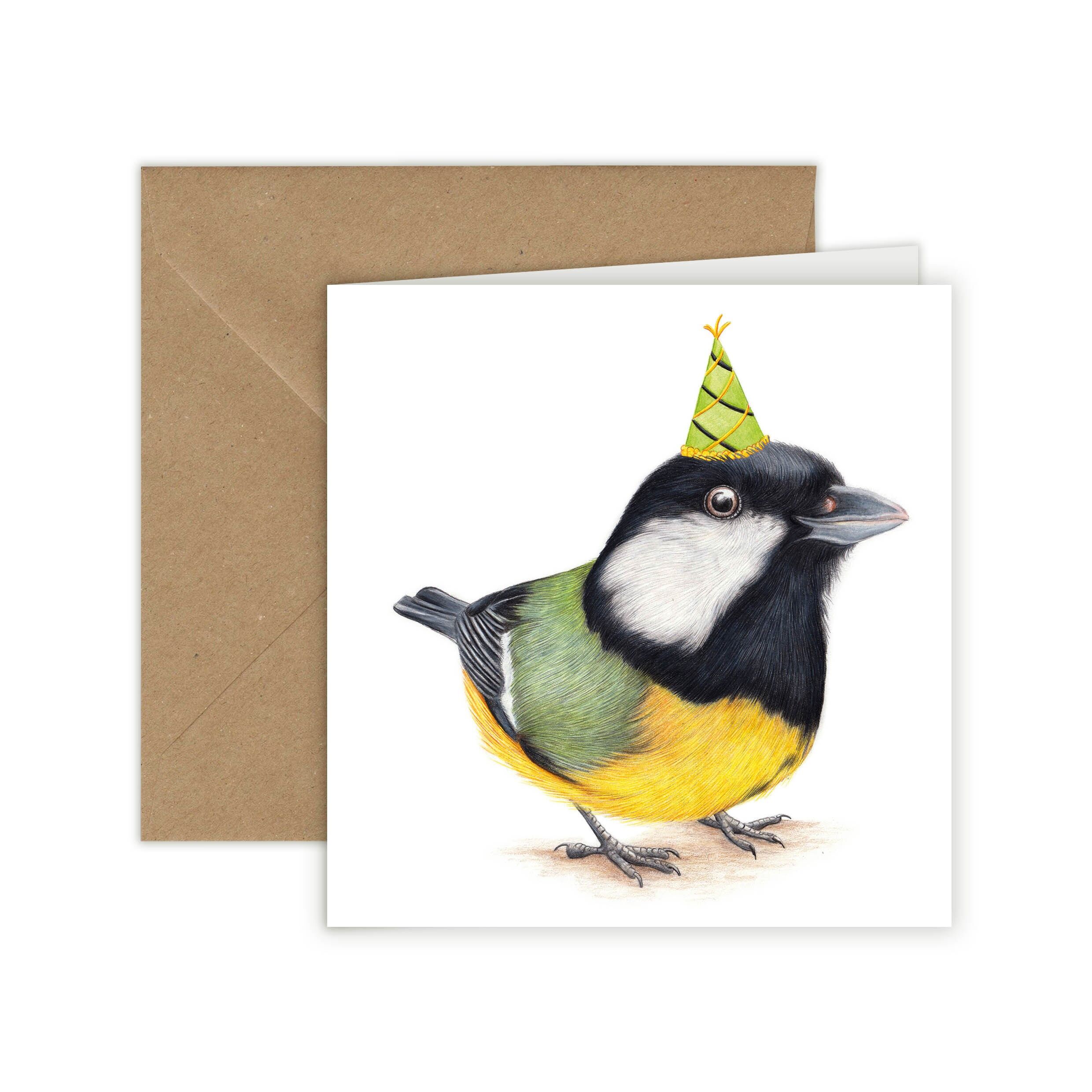 Biglietto di auguri di compleanno, biglietto di auguri con uccelli, biglietti divertenti, biglietto con animali, invito, cinciallegra