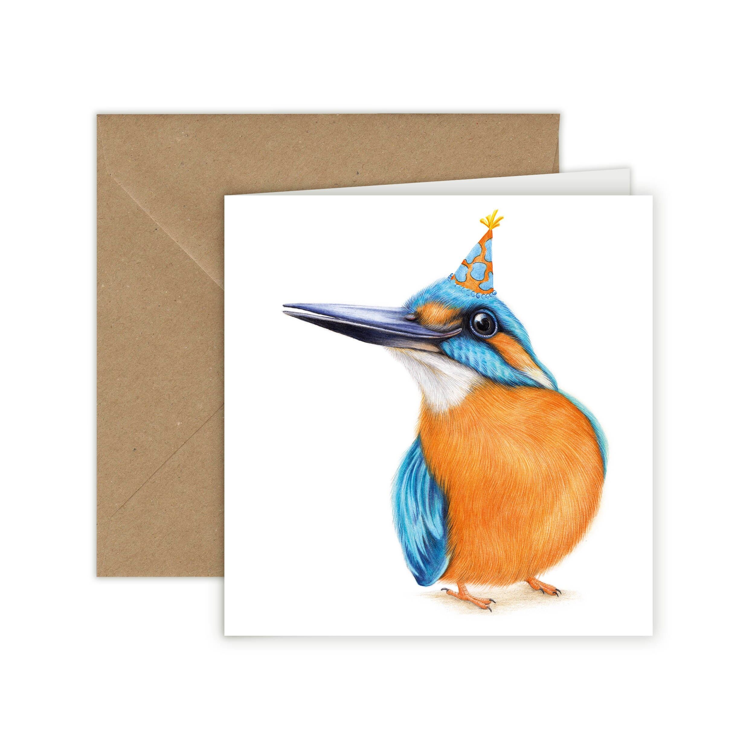 Biglietto di auguri di compleanno, biglietto di auguri con uccelli, biglietti divertenti, biglietto con animali, invito, martin pescatore