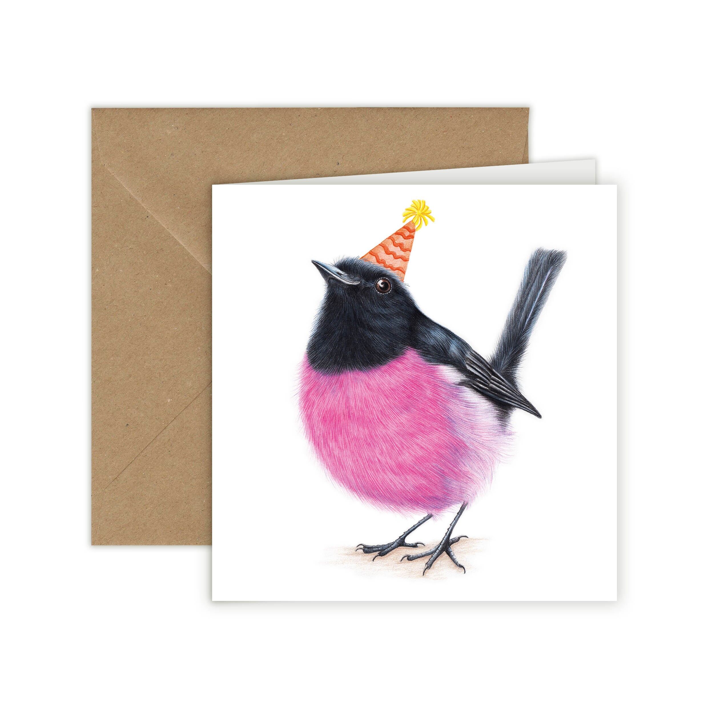 Biglietto di compleanno, biglietto di auguri con uccelli, biglietti divertenti, biglietto con animali, invito, pettirosso rosa