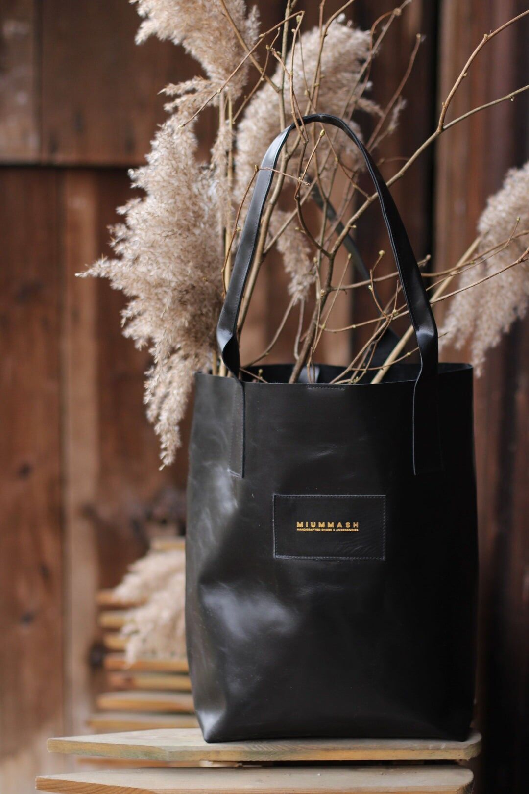 Borsa shopper in pelle fatta a mano - Marie - Stile minimalista nero