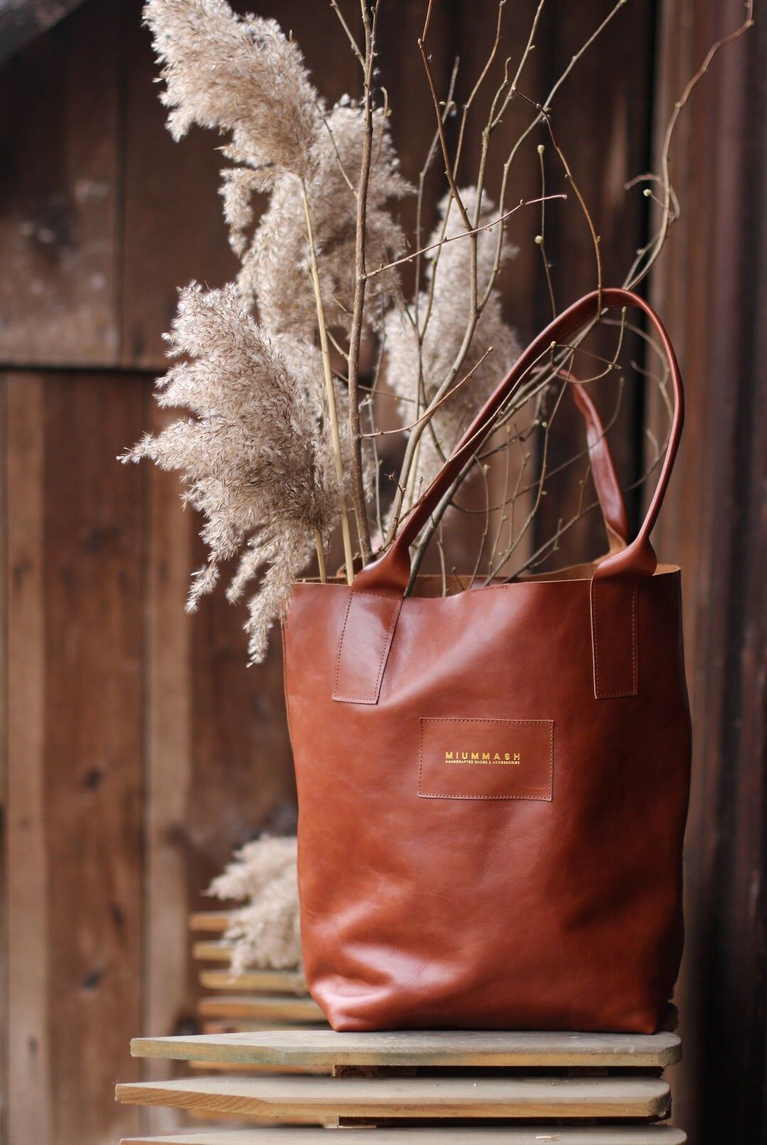 Borsa shopper in pelle fatta a mano - Marie - Stile minimalista marrone cognac