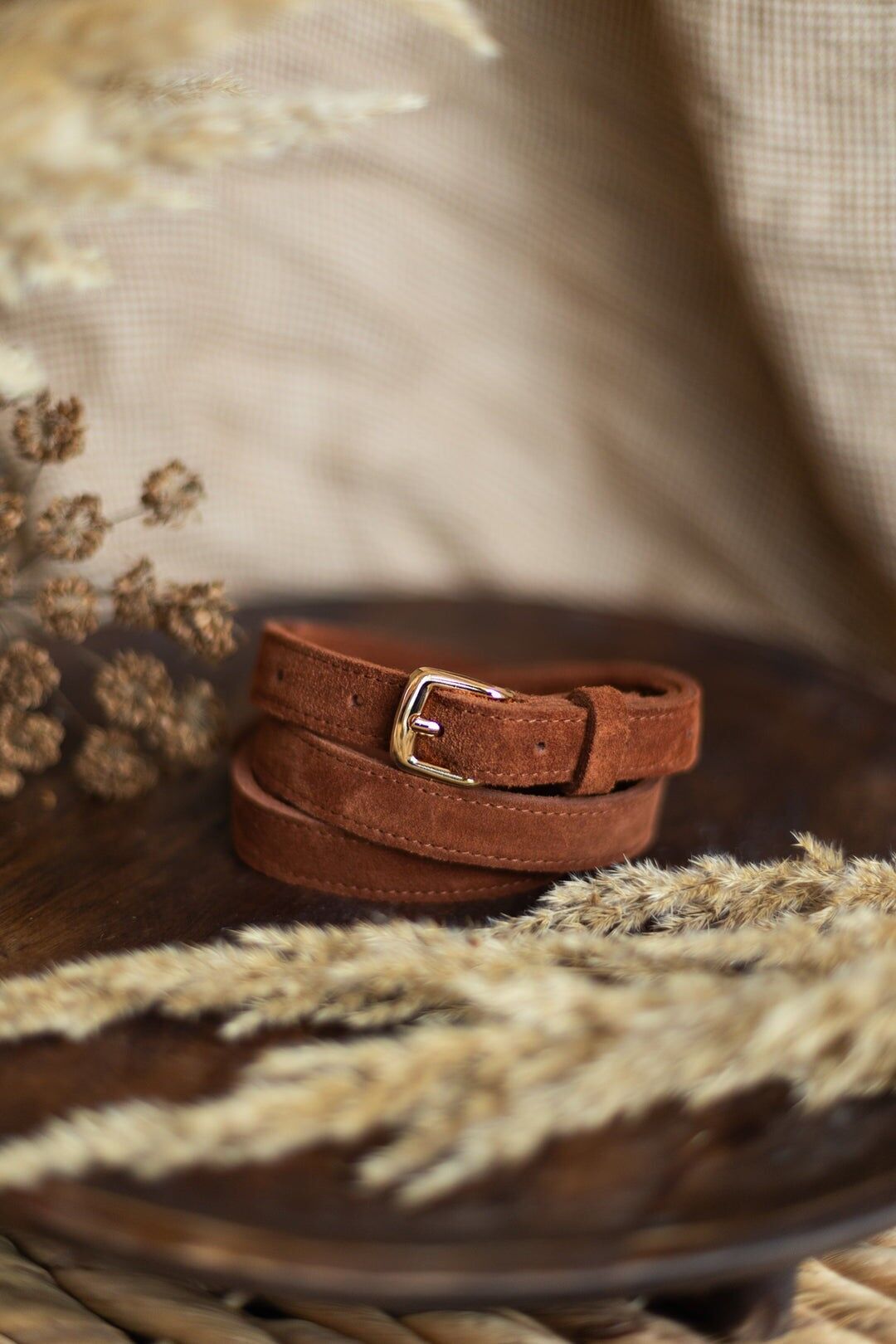 cintura in pelle scamosciata fatta a mano (1,6 cm) - Gaya - Marrone ciliegia