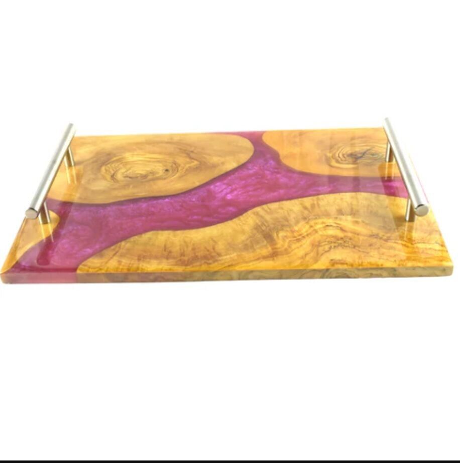 Bandeja de madera de olivo y resina - Diseño artístico y lujoso - Color fucsia