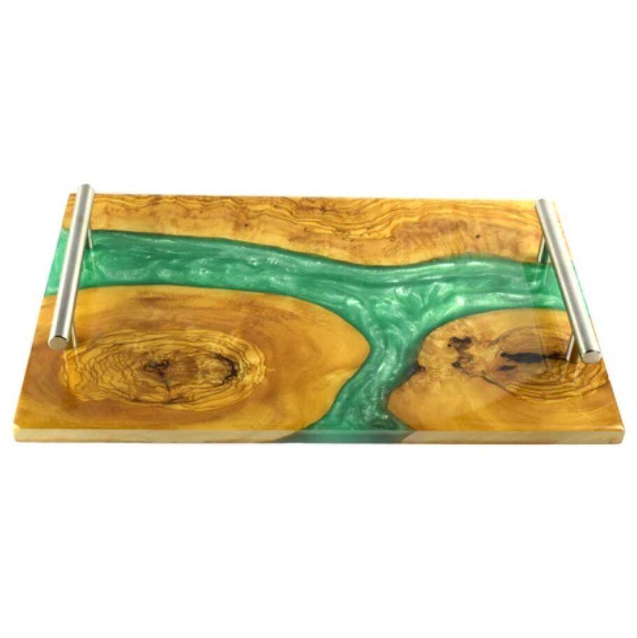 Bandeja de madera de olivo y resina - Diseño artístico y lujoso - Color verde