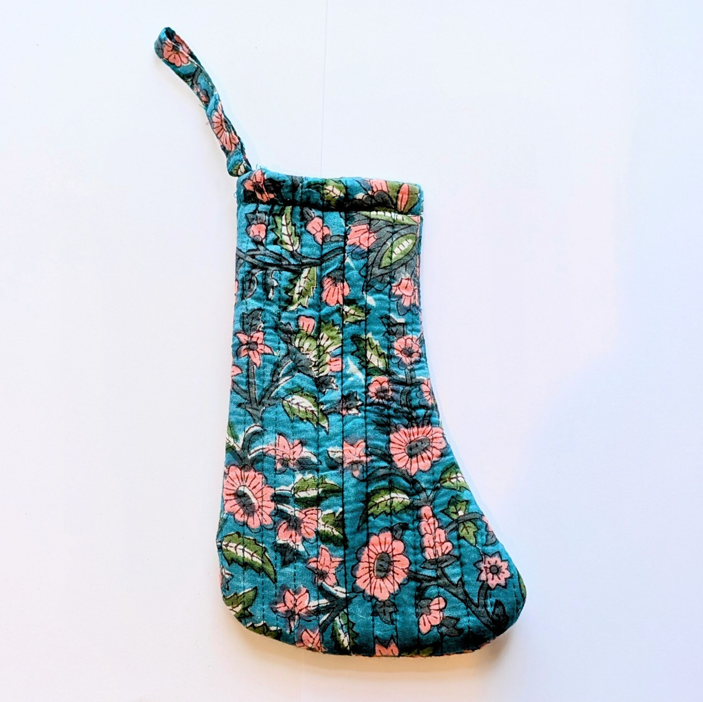 Mini calza natalizia con stampa floreale blu e rosa