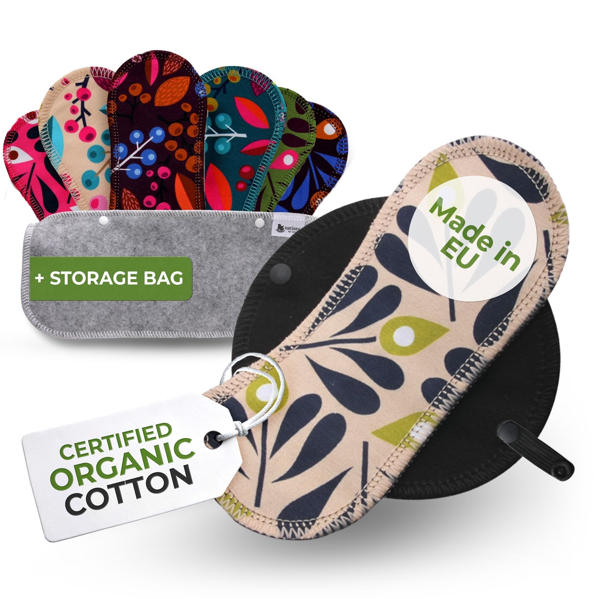 Wiederverwendbare Slipeinlagen aus Bio-Baumwolle mit Flügeln, 7er-Pack (normaler Ausfluss) – Trauben & Pfau (schwarze Flügel)