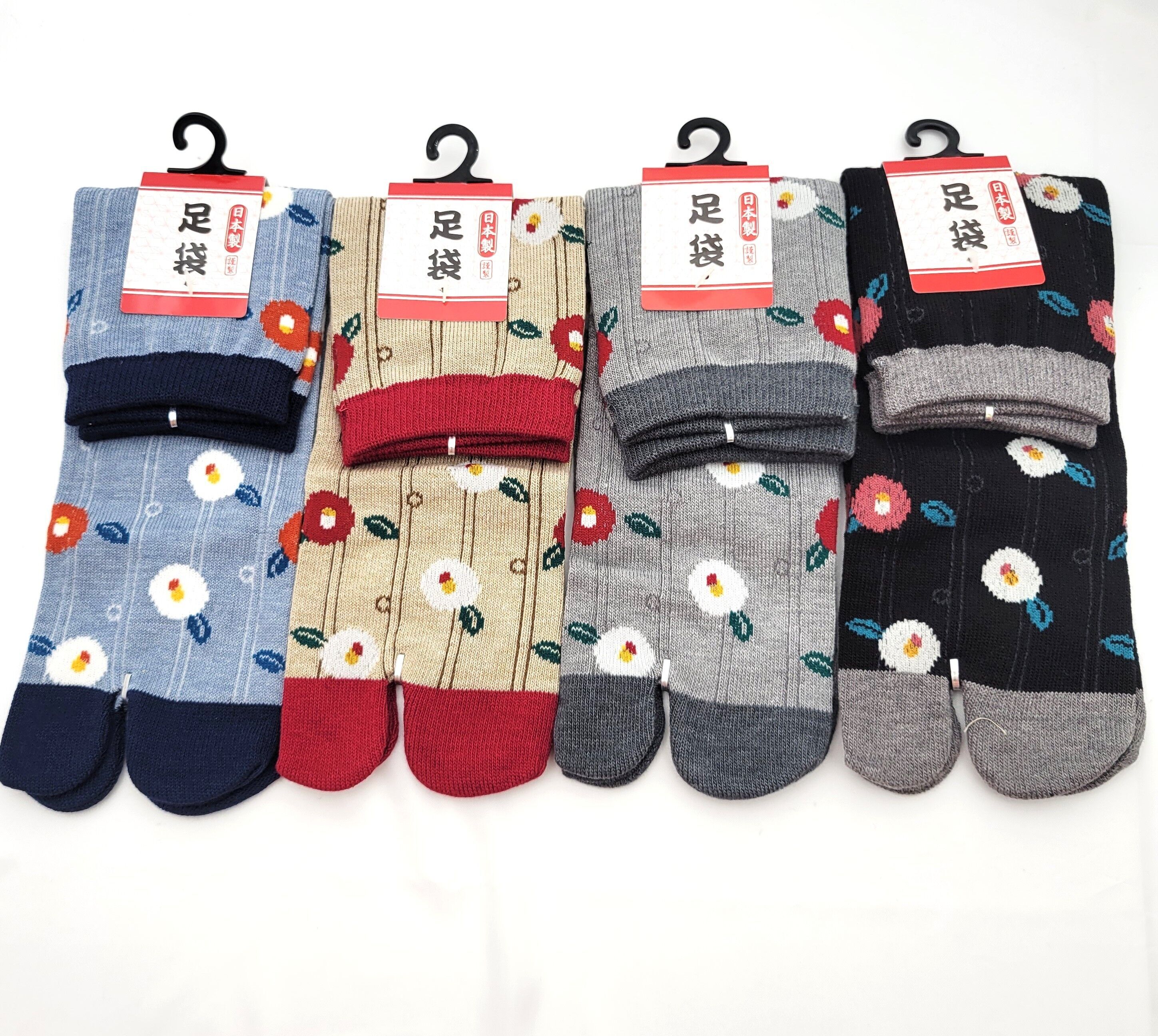 Japanische Tabi-Socken aus Baumwolle mit Linien- und Pflaumenblütenmuster, Größe 34 – 40