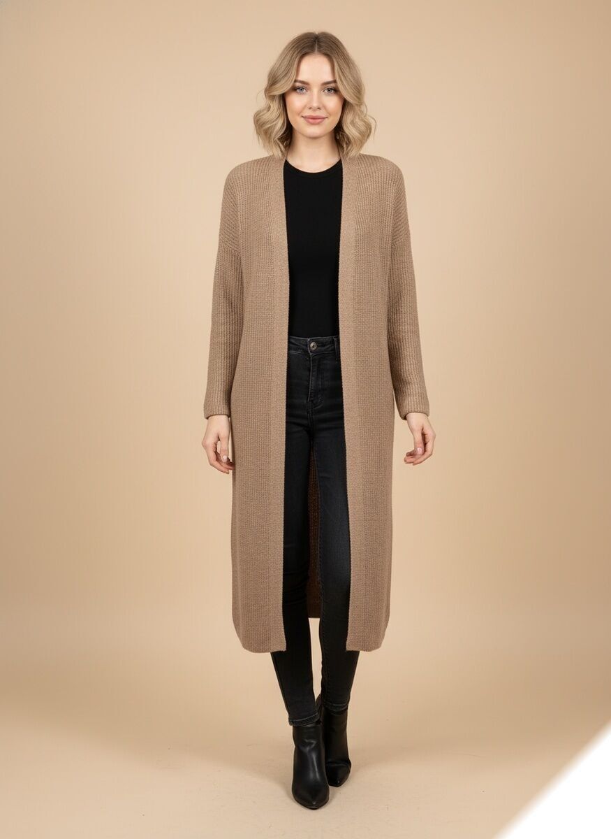 Lange, schlicht gemusterte Strickjacke mit Knopf an den Ärmeln - 1698 - Lusa Mode