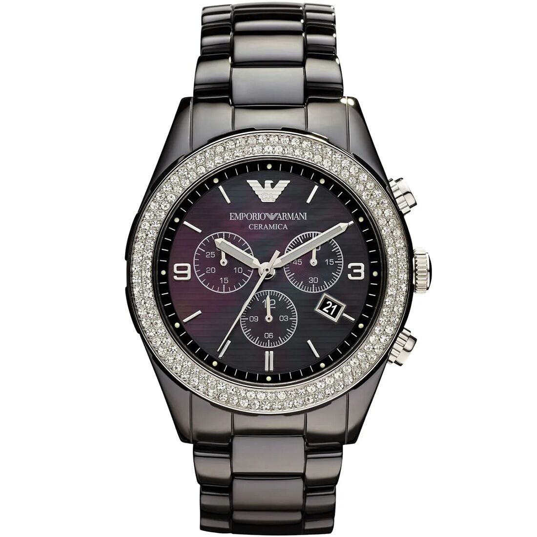 OROLOGIO DA DONNA EMPORIO ARMANI AR1455 CON CINTURINO IN CERAMICA NERA E QUADRANTE NERO CON CASSA NERA E CRISTALLI CRONOGRAFO