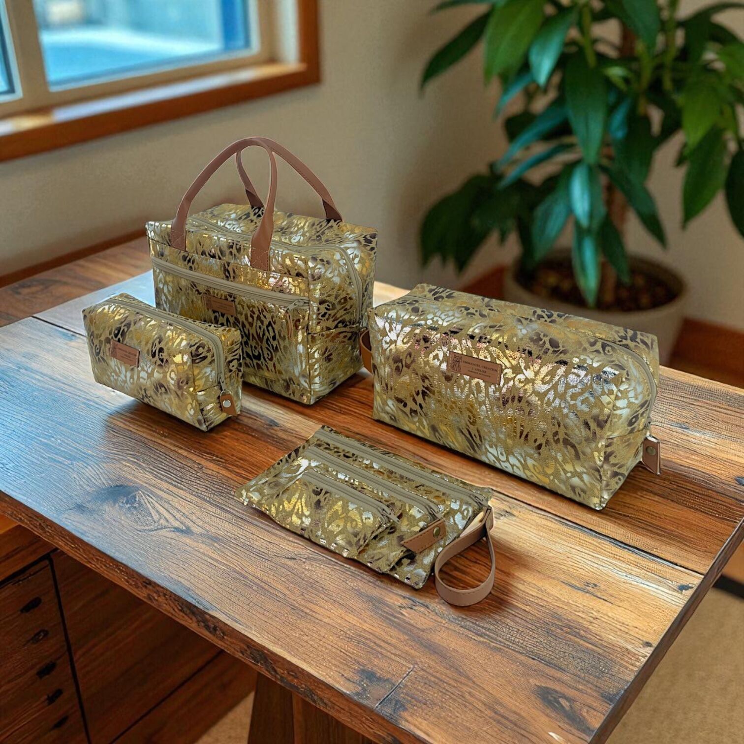 Pack of 3 pouches, 2 pencil cases & 1 vanity case, "Savannah" beige