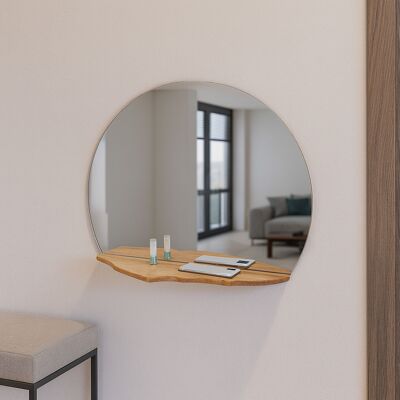 Miroir rond en chêne avec étagère en forme de montagne, miroir mural fait main avec rangement et présentation