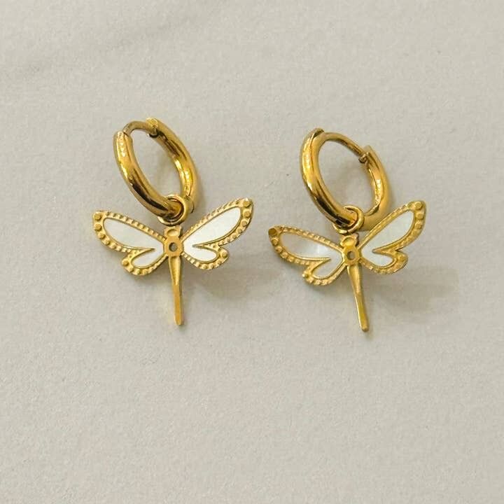 White Dragonfly Hoop Earrings 