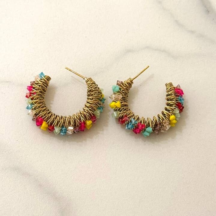 Sanna Wire Hoop Earrings w Multcolor Crystal Stones