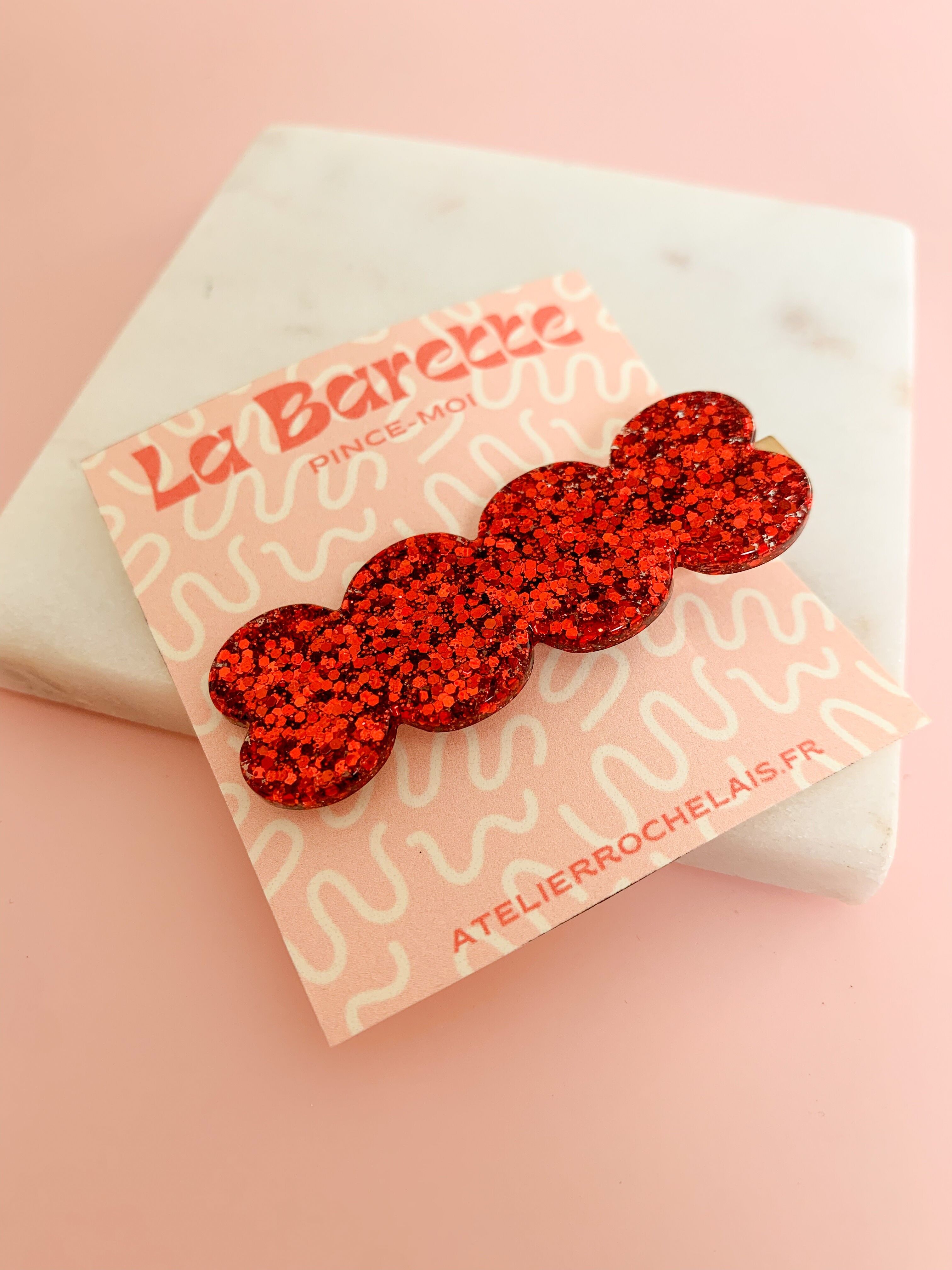 Red glitter barrette - Resin - handmade